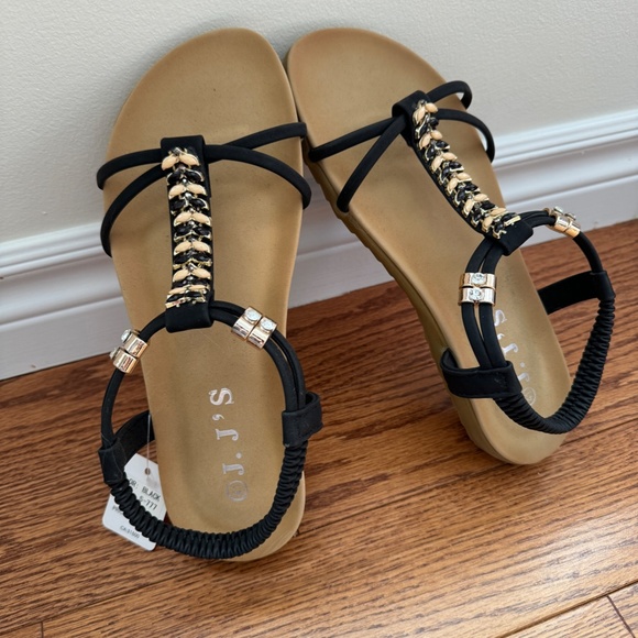 J.J's Brand Sandal with Black Straps and Gold/Rhinestone Embellishments - Picture 2 of 5